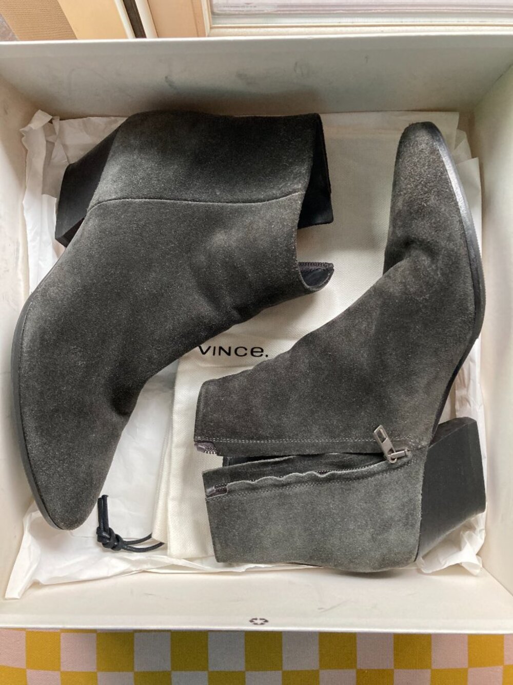 Vince Highbury Pewter Suede Pointed Toe Ankle Boots Box Dust Bag 8M